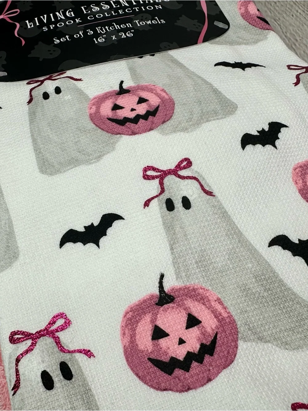 NWT living Essentials 3pk Kitchen Towel Pink Pumpkin Ghost coquette whimsigoth